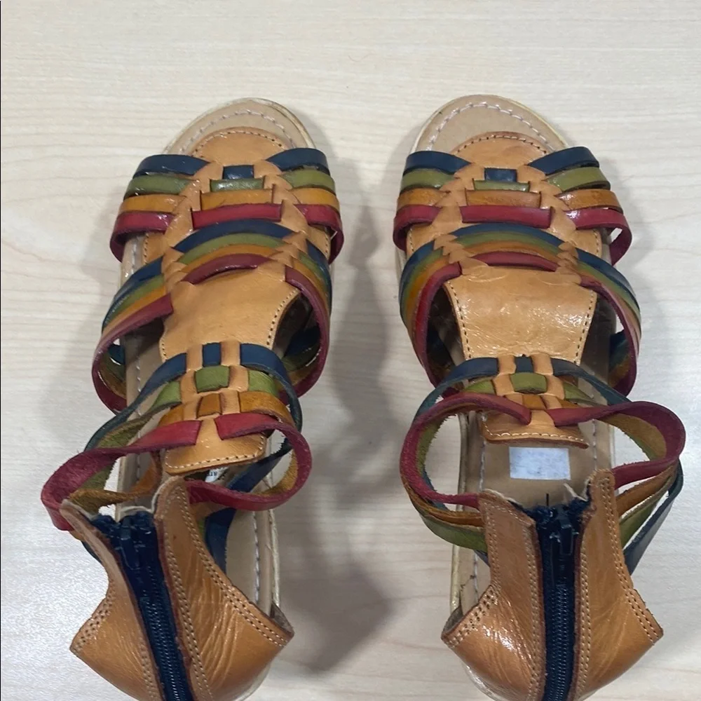 Tan and Red Wedge Sandals with Gladiator Straps